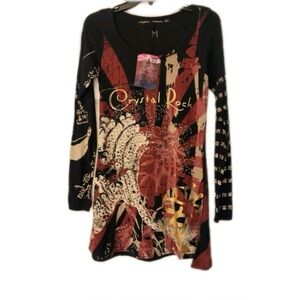 Christian Audigier Crystal Rock Tuni Tsunami Women Black Graphic Top Size Medium
